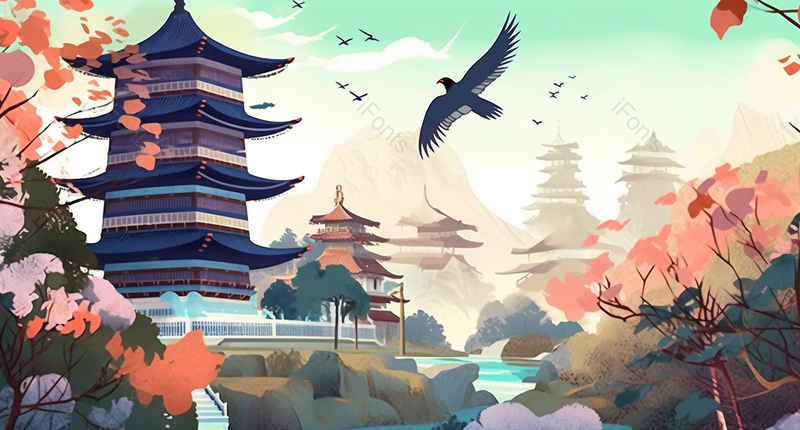 四层阁楼多座阁楼建筑亭子中国风国潮风插画,插画/手绘图,插画/手绘图库,插画/手绘图下载,插画/手绘